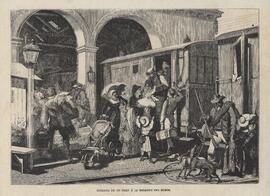 Grabado. Dibujo en blanco y negro titulado ´Llegada de un tren a la estación del Norte´.