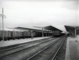 Estación de Monforte. Vías y andenes con trenes estacionados.