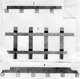 Tres dibujos en blanco y negro de distintos tipos de raíles y traviesas.