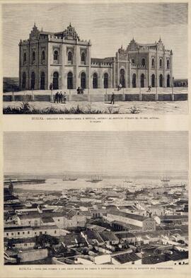 Grabado en blanco y negro titulado `Huelva: estación de ferrocarril a Sevilla´. ´Vista del puerto...