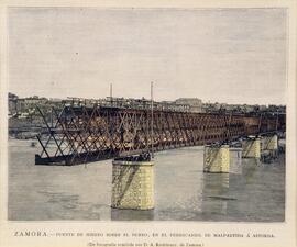 Grabado en color titulado ´Zamora: puente de hierro sobre el Duero, en el ferrocarril de Malparti...