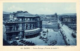 Vista general del teatro Arriaga de Bilbao y del puente de Isabel II sobre la Ría de Bilbao