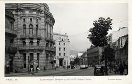 Postal del teatro García Bargón, de la calle de Policarpo Sanz de Vigo, con tranvía de los Tranví...