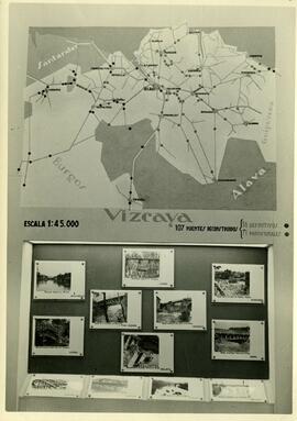 Plano y fotos de los puentes reconstruidos en Vizcaya, exhibidos en la sala de Ingenieros de la e...