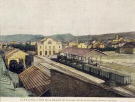Grabado iluminado titulado ´Cataluña: vista de la estación de Igualada, en el ferrocarril central...