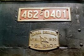 Placas de matriculación y fabricación  de la locomotora de vapor 462F- 0401 de RENFE, ex Central ...