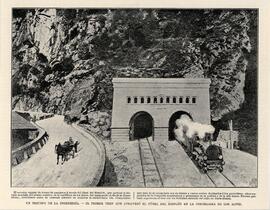 Grabado en blanco y negro titulado ´Un triunfo de la ingeniería: el primer tren que atravesó el t...