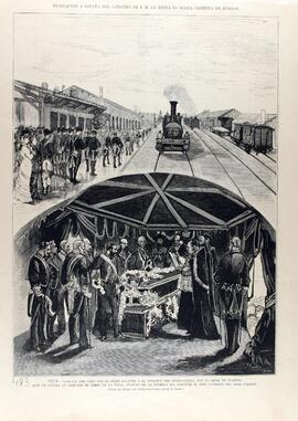Grabado en blanco y negro titulado `Traslado a España del cadáver de Su Majestad la reina Mª Cris...