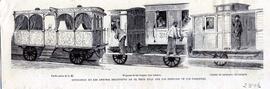 Grabado en blanco y negro titulado `Los efectos producidos en el tren real por los disparos de lo...