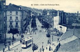Postal de la calle de Policarpo Sanz de Vigo, con tranvía de los Tranvías Eléctricos de Vigo S.A.