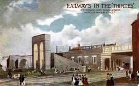 Ferrocarriles en los años 30. Estación de Manchester cruzando Water Street.