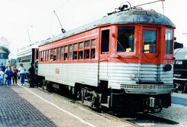 Vista general de dos tranvías, en las instalaciones del Illinois Railway Museum