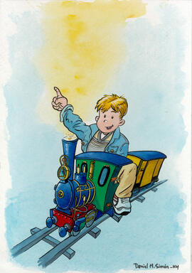 Dibujo a tinta y acuarela de un niño sobre una locomotora de vapor