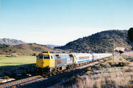 Locomotora diésel - eléctrica 333 - 202 de RENFE, fabricada por MACOSA y pintada en amarillo y gr...