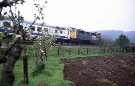 Tren Estrella Galicia de la línea directa de Barcelona a La Coruña, remolcado por locomotora diés...
