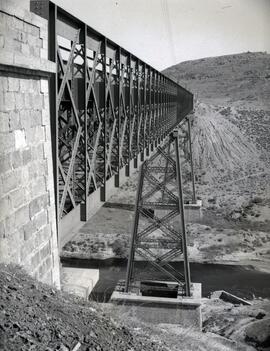 Viaducto metálico de 3 tramos y 207 m sobre el río Guadajoz, con vigas en cruz de San Andrés, sit...