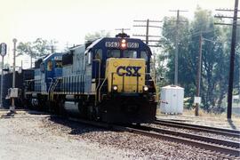 Vista de una composición de mercancías, con las locomotoras CSX-8563 (SD50) y GATX-7356, en el cr...