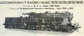 Locomotora de vapor de la serie 240 de RENFE.  "Locomotoras y ténderes núms. 240 - 2241, 240...