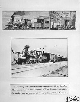 Fotografía de locomotora y coches de tipo americano en la inauguración del Ferrocarril de Barcelo...