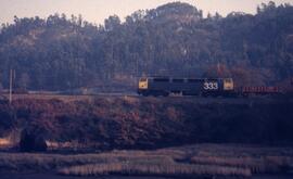 Composición de mercancías formada por locomotora diésel - eléctrica 333 y vagones abiertos, circu...