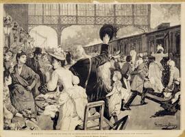 Grabado Xilografía. Dibujo en blanco y negro titulado ´Madrid: salida de un tren de la estación d...
