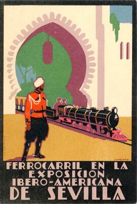 Postal del Ferrocarril en la Exposición Ibero-Americana de Sevilla, celebrada en el año 1929