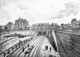 Grabado del ferrocarril de París a St. Germain, inaugurado el 24 de agosto de 1837 y abierto al p...