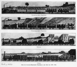 Grabados del Ferrocarril Liverpool - Manchester 1830-1840 con tren de mercancías, animales y viaj...