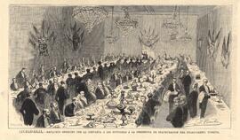Grabado. Dibujo en blanco y negro titulado ´Ciudad Real: banquete ofrecido por la compañía a los ...