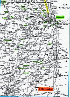 Mapa de la distribución ferroviaria entre Illinois y Chicago.