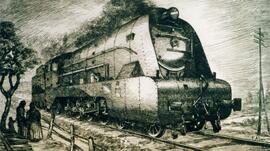 Grabado original en blanco y negro de locomotora de vapor carenada 1801 de la serie MZA 1801 a 18...