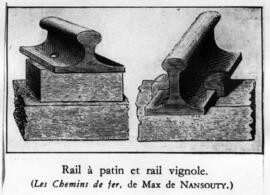 Dibujo en blanco y negro de un raíl a patín y un raíl a vignole. (Los Ferrocarriles, de Max de Na...