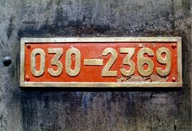 Placa de numeración de locomotora de vapor 030 - 2369 de RENFE (serie RENFE 030-2366 a 2371)