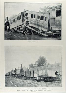 Grabado en blanco y negro titulado ´Madrid, choque de trenes en la estación del Norte´.
