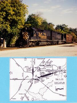 Vista de la locomotora diésel DRGW-5385 (SD40T-2) y el mapa ferroviario de Decatur, Illinois