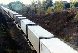 Vista de una composición de mercancías, por la línea ATSF formando el tren nº 2, a su paso Edelst...