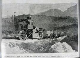 Reproducción de un grabado que muestra una locomotora de vapor sin carriles en EEUU Montañas Pedr...