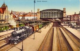 Vista de una locomotora de vapor saliendo de la estación central de Zúrich