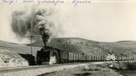 Locomotora de vapor con tren de mercancías en la línea de Guadalajara a Sigüenza