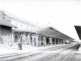 Estación de Monforte. Vías y andenes con trenes estacionados.