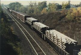 Vista de una composición de mercancías componiendo el tren nº 1, circulando por la línea ATSF. En...