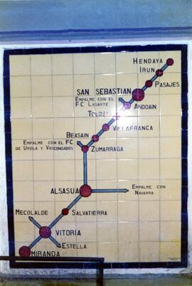 Panel de azulejos con el trazado del empalme con el Ferrocarril Lasarte con estaciones significat...