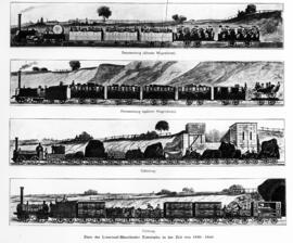 Grabados del Ferrocarril Liverpool - Manchester 1830-1840 con tren de mercancías, animales y viaj...