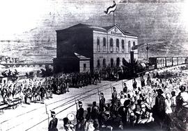 Grabado iluminado de la inauguración del enlace ferroviario entre España y Portugal por Badajoz